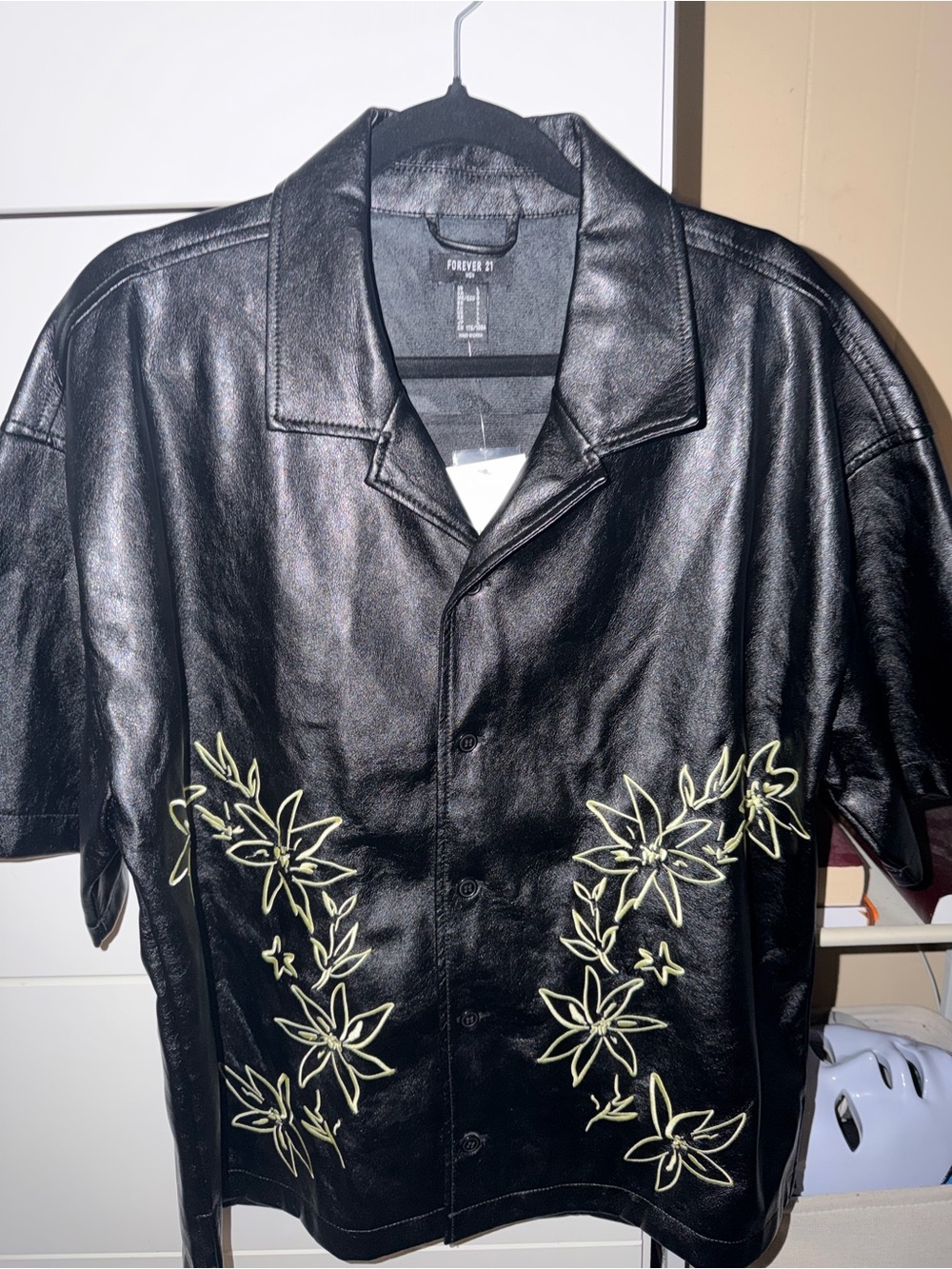 Forever 21 Men's Black Leather Short-Sleeve Button Jacket with Floral Embroidery